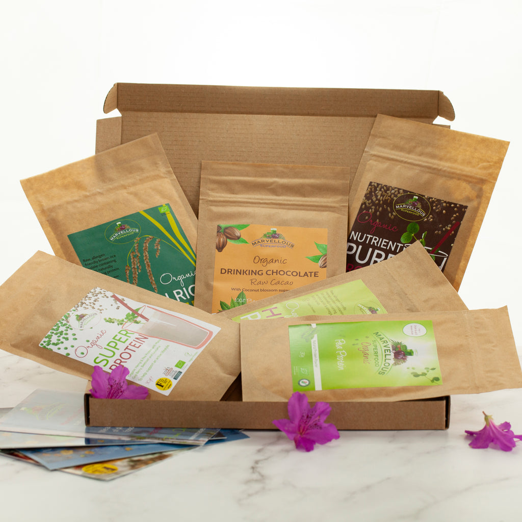 Image of the award winning, vegan,  protein rich powders in the Fit Box collection.